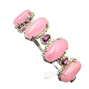 JTV Sterling Silver Pink Jade Amethyst Hinged Bangle Bracelet 32 Grams 7.75 Inch